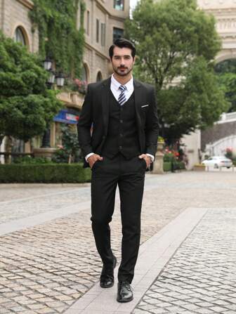 CLOUDSTYLE Men 1pc Button Front Waistcoat & 1pc Blazer & 1pc Suit Pants