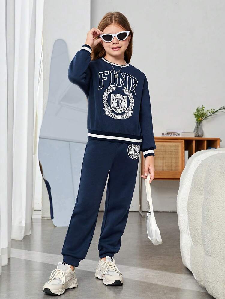 SHEIN Tween Girl Letter Graphic Striped Trim Drop Shoulder Pullover & Joggers - Navy Blue - View 5