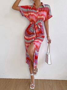 SHEIN LUNE In Toàn bộ tay cánh Thắt lưng Váy sơ mi - Đỏ - Xem 1