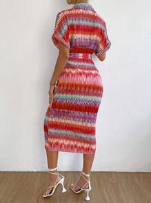 SHEIN LUNE In Toàn bộ tay cánh Thắt lưng Váy sơ mi - Đỏ - Xem 2