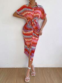 SHEIN LUNE In Toàn bộ tay cánh Thắt lưng Váy sơ mi - Đỏ - Xem 3