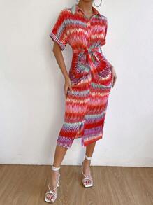 SHEIN LUNE In Toàn bộ tay cánh Thắt lưng Váy sơ mi - Đỏ - Xem 4