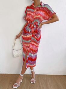 SHEIN LUNE In Toàn bộ tay cánh Thắt lưng Váy sơ mi - Đỏ - Xem 6