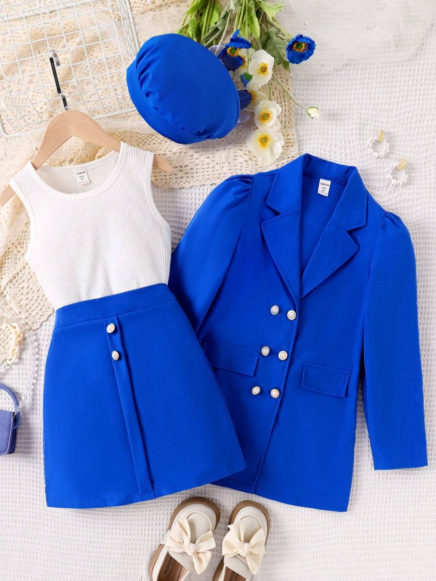 SHEIN Tween Girl Solid Tank Top & Skirt & Blazer & Hat | SHEIN USA