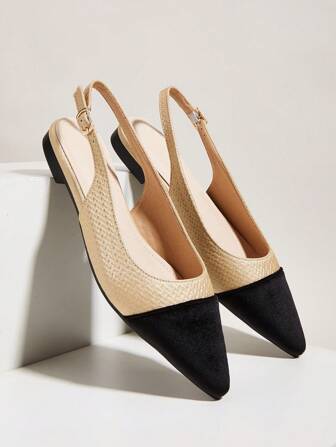 雙色尖頭踝帶平底涼鞋,黑色&白色