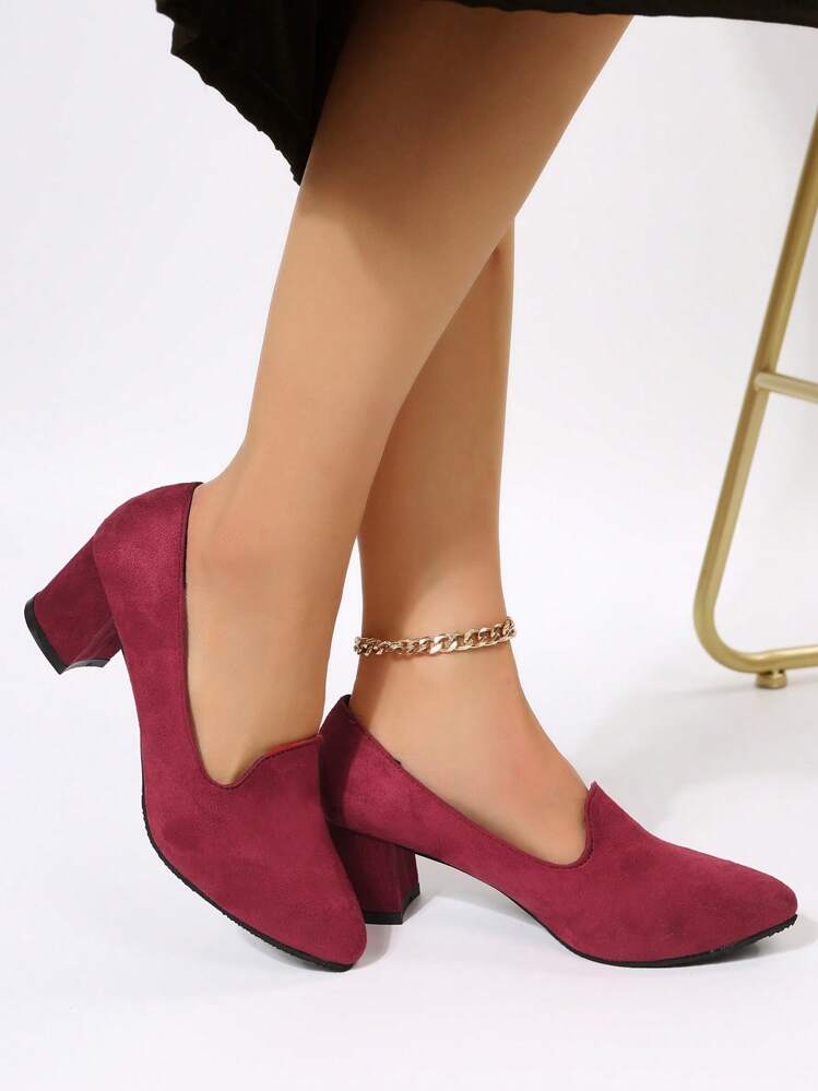 Women s Faux Suede Pointy Toe Chunky Heel Court Shoes With Simple Design SHEIN
