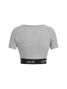 Ocili Top holgado de lounge con cinta de letras gris y cómodo con tejido elástico - Gris - Ver 4