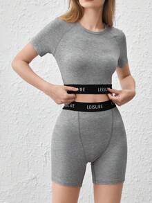 Ocili Top holgado de lounge con cinta de letras gris y cómodo con tejido elástico - Gris - Ver 7