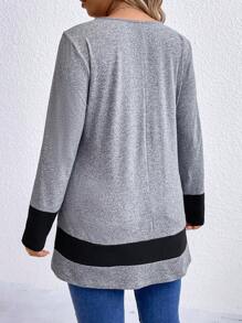 SHEIN LUNE Hơn Panel Tương phản Cổ vuông Áo thun - Màu Xám nhạt - Xem 2