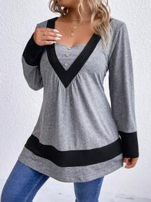 SHEIN LUNE Hơn Panel Tương phản Cổ vuông Áo thun - Màu Xám nhạt - Xem 1