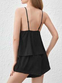 Ocili Bộ đồ ngủ ngắn & yếm Babydoll viền viền Silky Feel Hem - Đen - màu đen - Xem 2