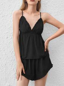 Ocili Bộ đồ ngủ ngắn & yếm Babydoll viền viền Silky Feel Hem - Đen - màu đen - Xem 3