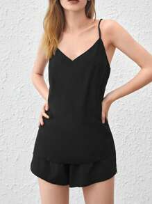 Bộ đồ ngủ ngắn & áo liền quần kiểu cổ điển Silky Feel - Đen - màu đen - Xem 3