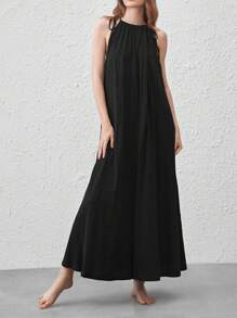 天然舒適又輕盈的棉質鬆身拖地裙 - 黑色 - 黑色 - 查看 5
