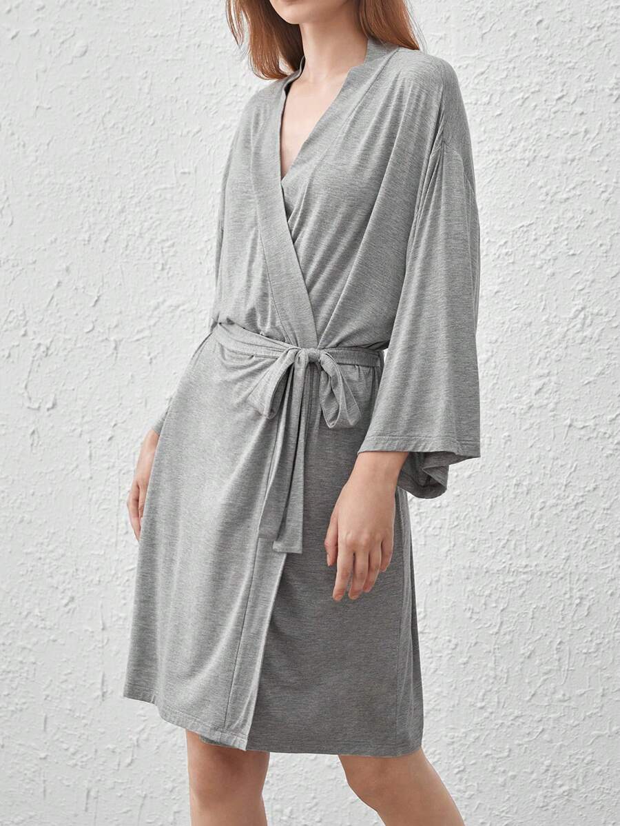 Ocili Bata larga con cinturón suave y cómoda de manga larga - Melange Gris - Gris - Ver 1