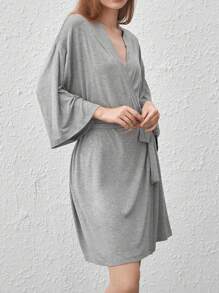 Ocili Bata larga con cinturón suave y cómoda de manga larga - Melange Gris - Gris - Ver 4