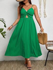 SHEIN Clasi 大碼前扭結鏤空吊帶洋裝 - 綠色 - 查看 1