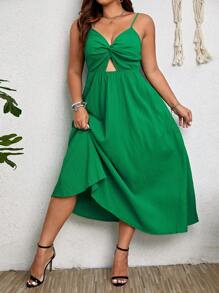 SHEIN Clasi 大碼前扭結鏤空吊帶洋裝 - 綠色 - 查看 4
