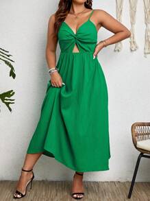 SHEIN Clasi 大碼前扭結鏤空吊帶洋裝 - 綠色 - 查看 5