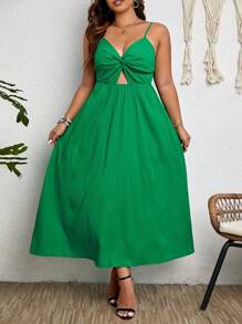 SHEIN Clasi 大碼前扭結鏤空吊帶洋裝 - 綠色 - 查看 6