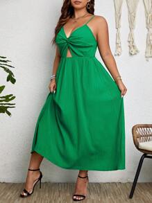 SHEIN Clasi 大碼前扭結鏤空吊帶洋裝 - 綠色 - 查看 7