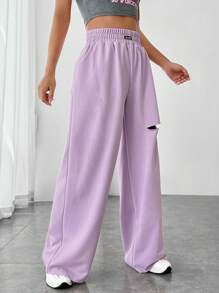 SHEIN EZwear 字母補丁細節破洞闊腿褲 - 紫色 - 查看 1