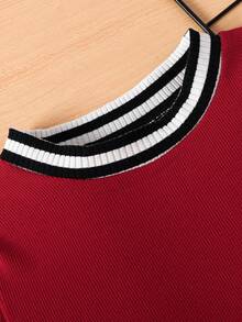 SHEIN Young Boy Striped Trim Tee - Red - View 4