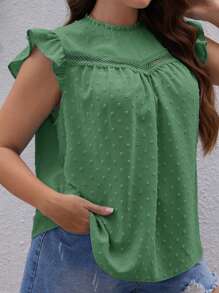 SHEIN VCAY Plus Swiss Dot Guipure Lace Panel Ruffle Trim Blouse - Green - View 1