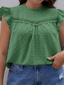 SHEIN VCAY Plus Swiss Dot Guipure Lace Panel Ruffle Trim Blouse - Green - View 3