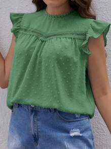 SHEIN VCAY Plus Swiss Dot Guipure Lace Panel Ruffle Trim Blouse - Green - View 4