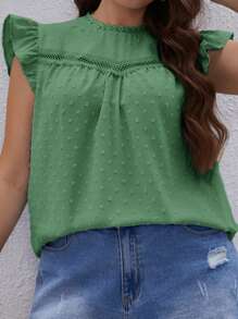 SHEIN VCAY Plus Swiss Dot Guipure Lace Panel Ruffle Trim Blouse - Green - View 6