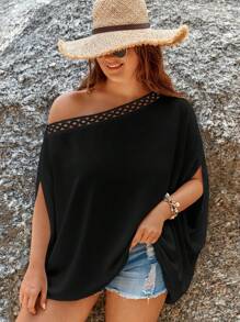 SHEIN VCAY Talla grande Blusa de cuello asimétrico de manga murciélago - Negro - Ver 2