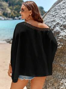 SHEIN VCAY Talla grande Blusa de cuello asimétrico de manga murciélago - Negro - Ver 3