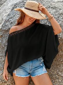 SHEIN VCAY Talla grande Blusa de cuello asimétrico de manga murciélago - Negro - Ver 6