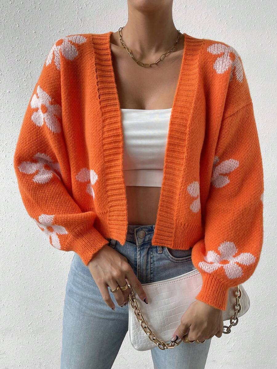 Chiquease 花卉圖案落肩袖開襟開衫 - 橘色 - 查看 1