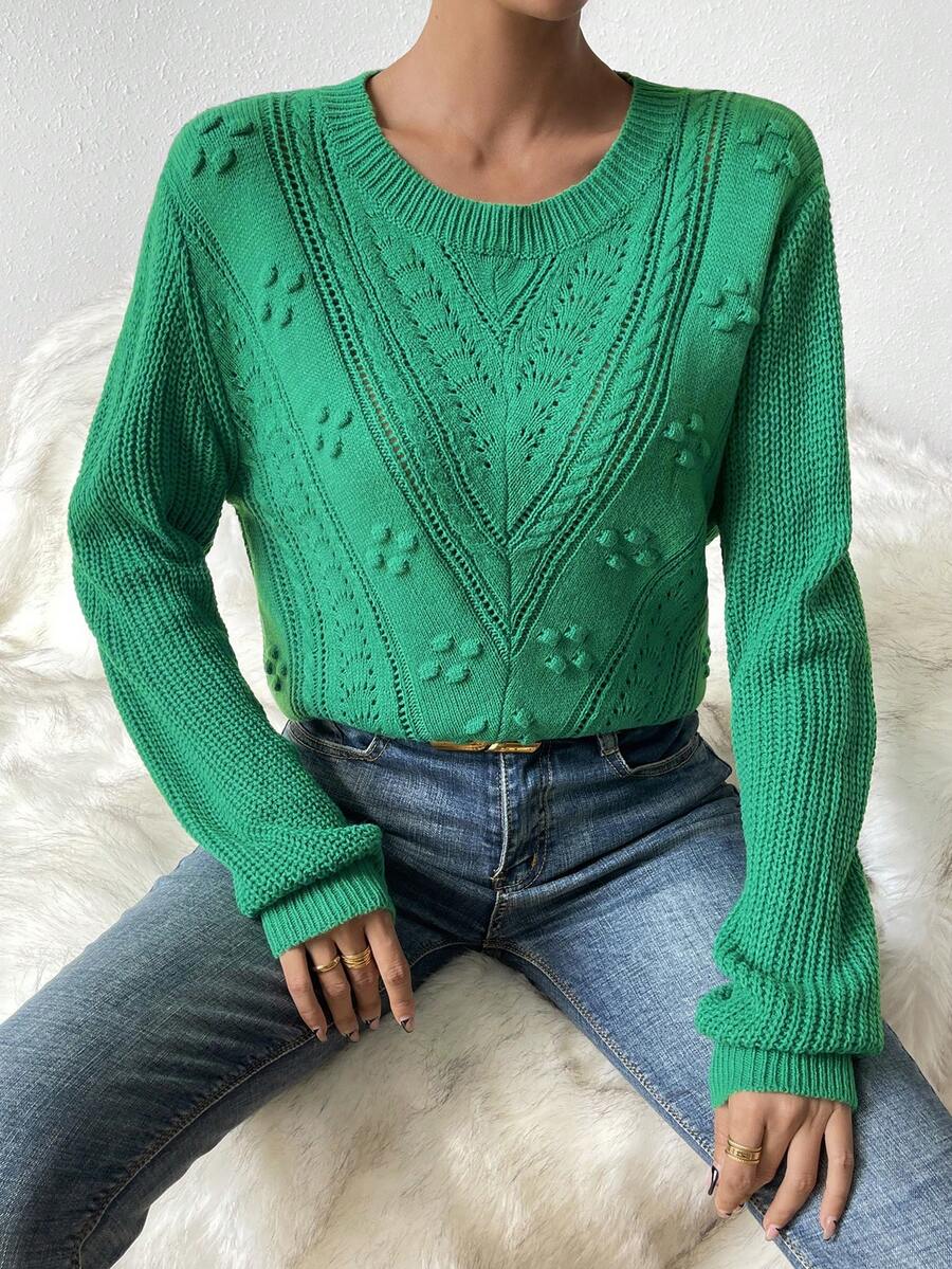 SHEIN Essnce Solid Pointelle Knit Jumper - Green - View 1