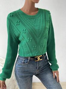 SHEIN Essnce Solid Pointelle Knit Jumper - Green - View 3