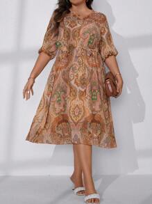 Breezaya 大碼滿版印花繫腰帶洋裝 - 彩色 - 查看 4