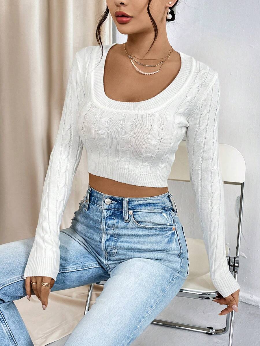 Firerie Solid Scoop Neck Crop Jumper - White - View 1