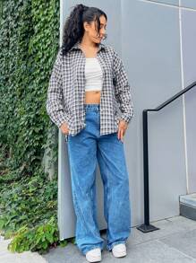 SHEIN EZwear Plaid Print Drop Shoulder Button Front Coat - Multicolor - View 3