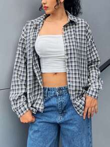 SHEIN EZwear Plaid Print Drop Shoulder Button Front Coat - Multicolor - View 2