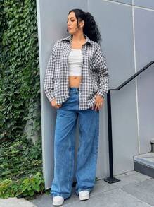 SHEIN EZwear Plaid Print Drop Shoulder Button Front Coat - Multicolor - View 1