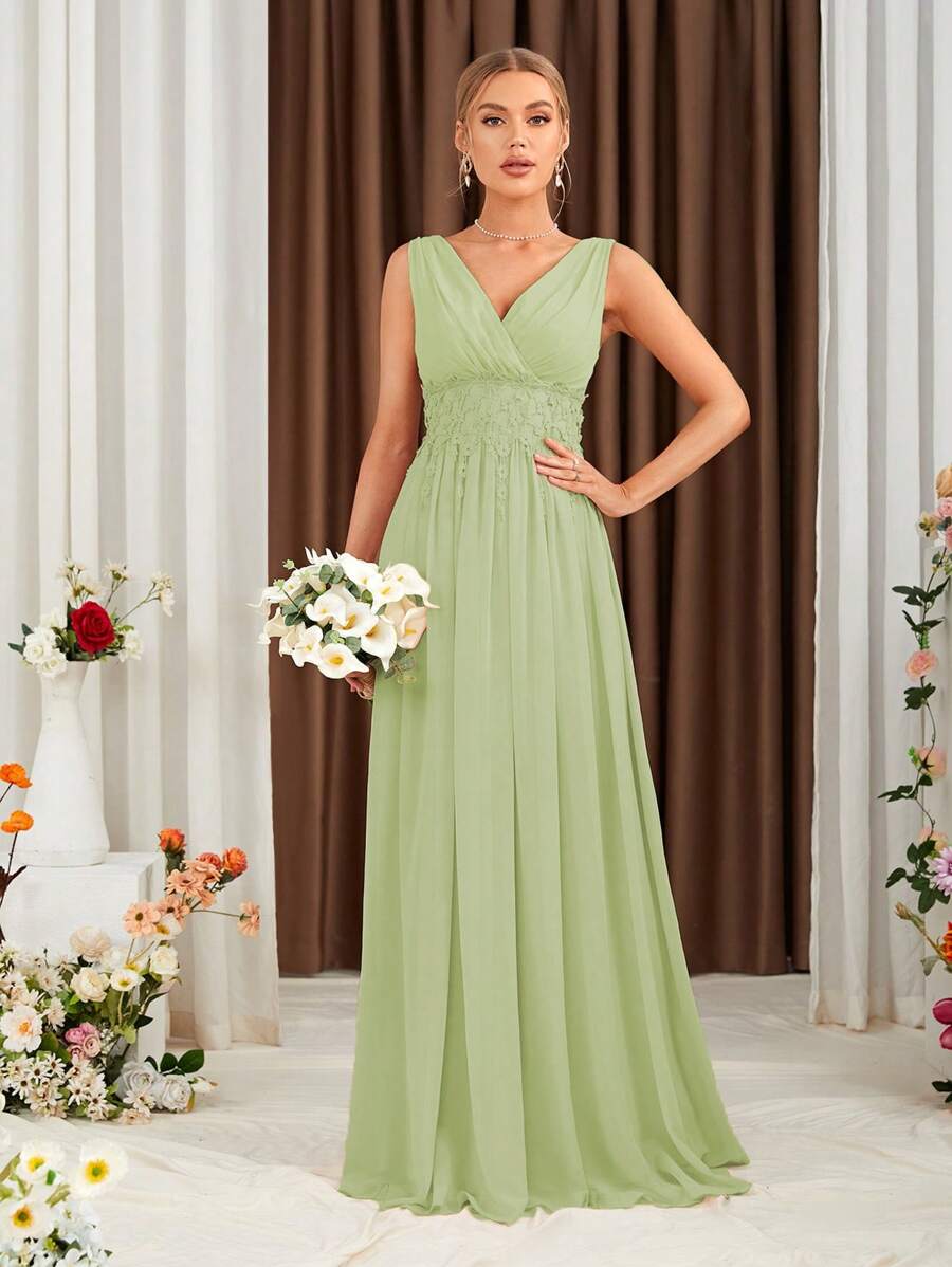 Floral Lace Applique Ruched Chiffon Bridesmaid Dress - Army Green - View 1
