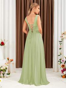 Floral Lace Applique Ruched Chiffon Bridesmaid Dress - Army Green - View 2