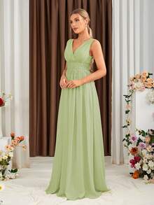 Floral Lace Applique Ruched Chiffon Bridesmaid Dress - Army Green - View 4