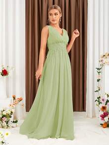 Floral Lace Applique Ruched Chiffon Bridesmaid Dress - Army Green - View 5