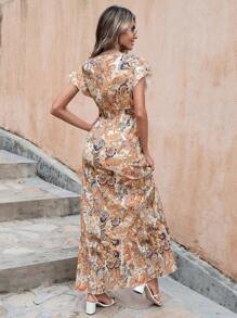 RueChic Vestido con estampado de paisley de manga mariposa bajo con fruncido