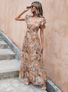 RueChic Vestido con estampado de paisley de manga mariposa bajo con fruncido