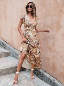 RueChic Vestido con estampado de paisley de manga mariposa bajo con fruncido