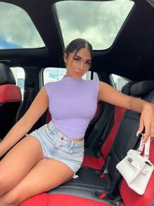 SHEIN SXY Chất rắn Cổ giả Áo phông Crop - Màu Lilac Tím - Xem 1